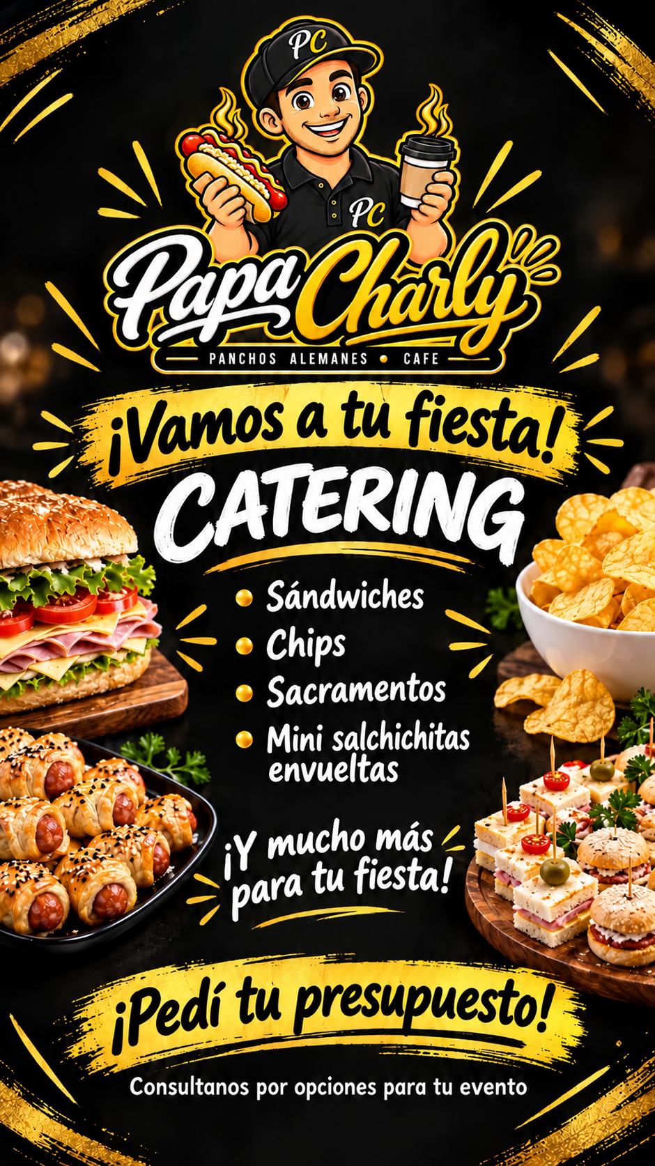 Catering: sándwiches, chips, sacramentos y mini salchichitas envueltas. Pedí tu presupuesto.